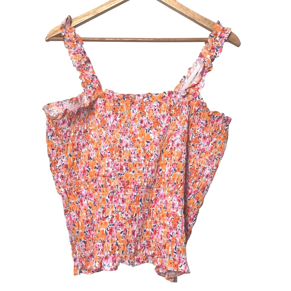 Old Navy Womens XL Tall Smocked‎ Floral Tank Top Orange Pink Cotton Ruffle Strap